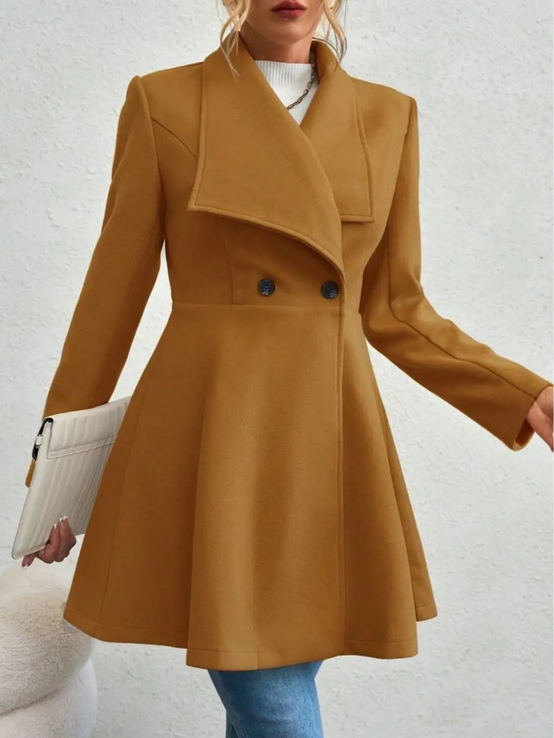 Collared Neck Button Up Long Sleeve Coat Trendsi