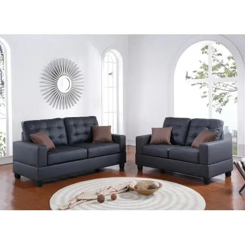 Living Room Furniture 2pc Sofa Set Black Faux Leather Tufted Sofa Loveseat W Pillows Cushion Couch Magenta Charlie