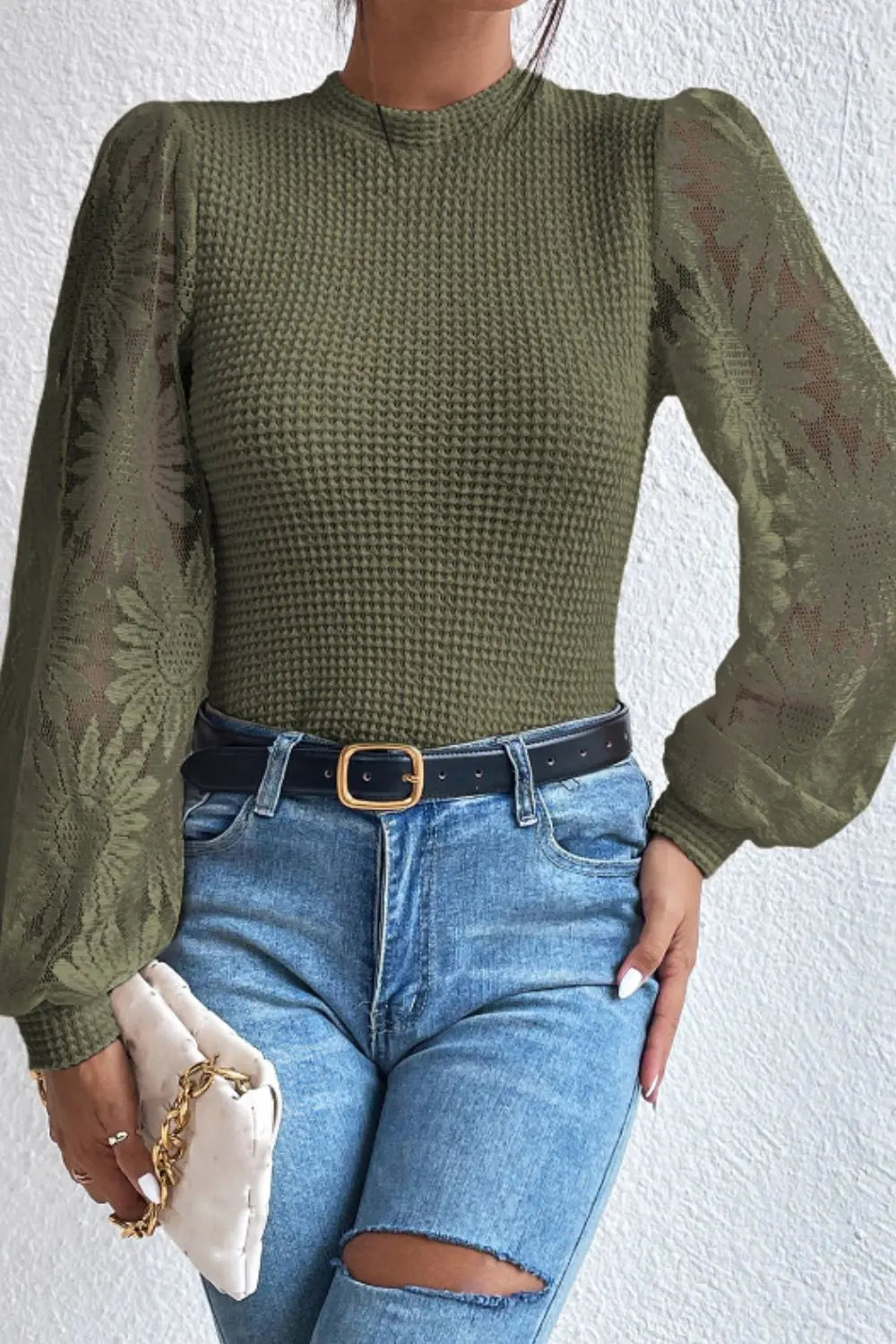 Mock Neck Lace Long Sleeve Top Trendsi