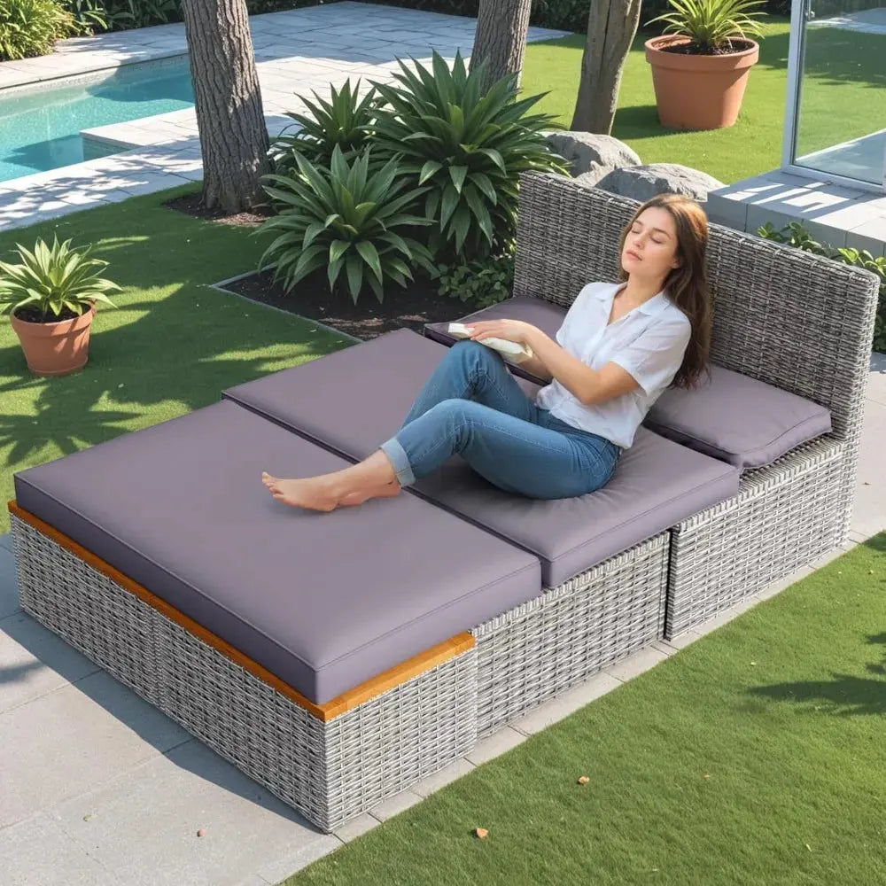 Patio Day Bed with 2 Side Tables Outdoor Daybed Set MultifunctionalRattan Lounge Bed for Backyard Porch Poolside Lawn Beach The Zebra Effect