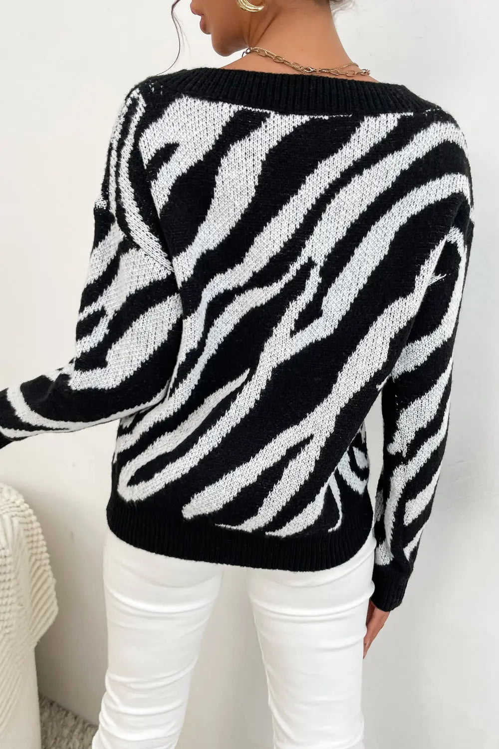 Perfee Zebra Print Sweater Trendsi