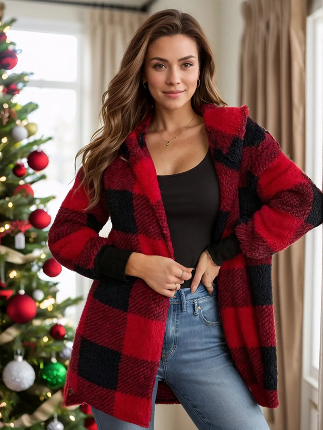 Plaid Long Sleeve Hooded Coat Trendsi