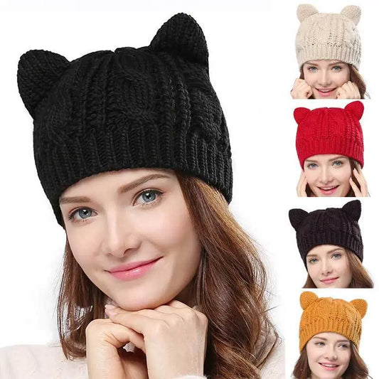 Hand Made 3D Cute Knitted Cat Ear Beanie For Winter Magenta Charlie