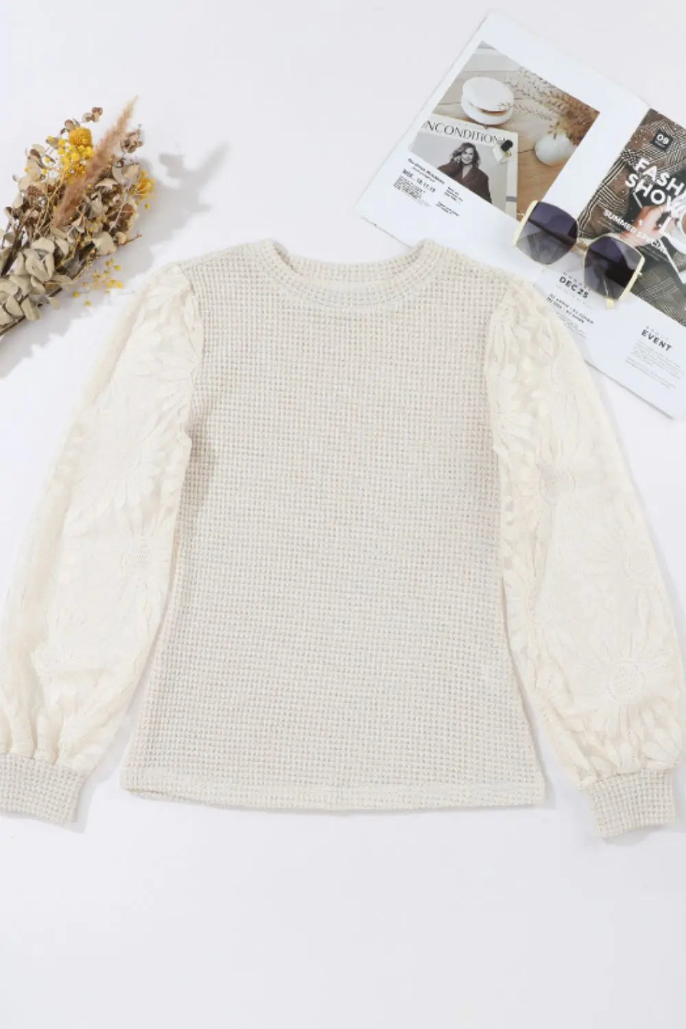 Mock Neck Lace Long Sleeve Top Trendsi