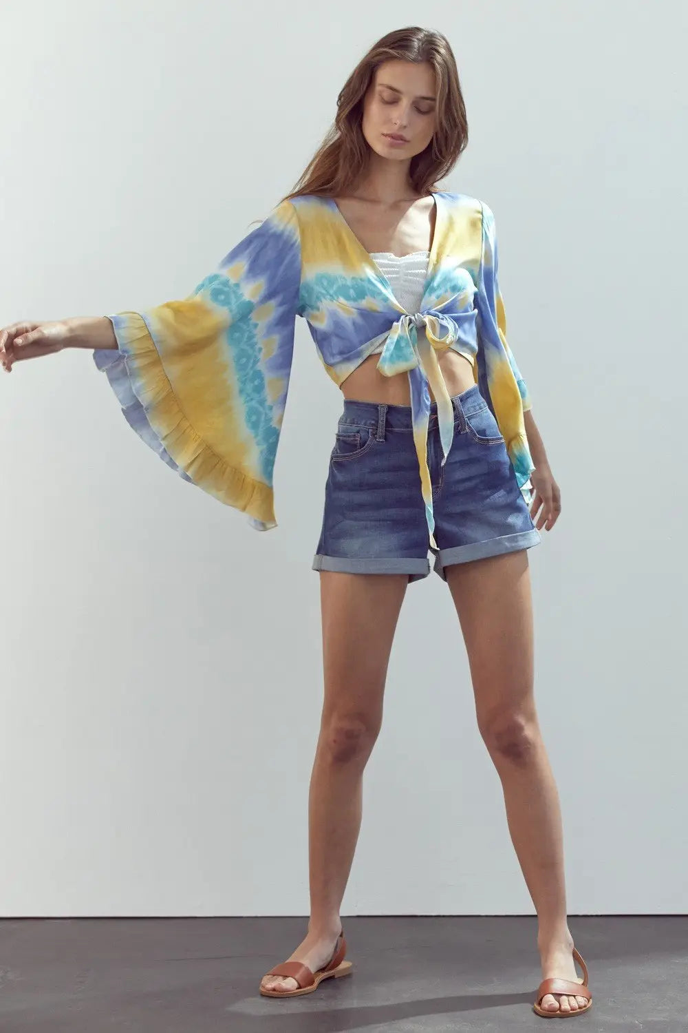 Bell-Sleeve Tie-Dye Crop Top with Flowy Sleeves Indigo Arrowwood