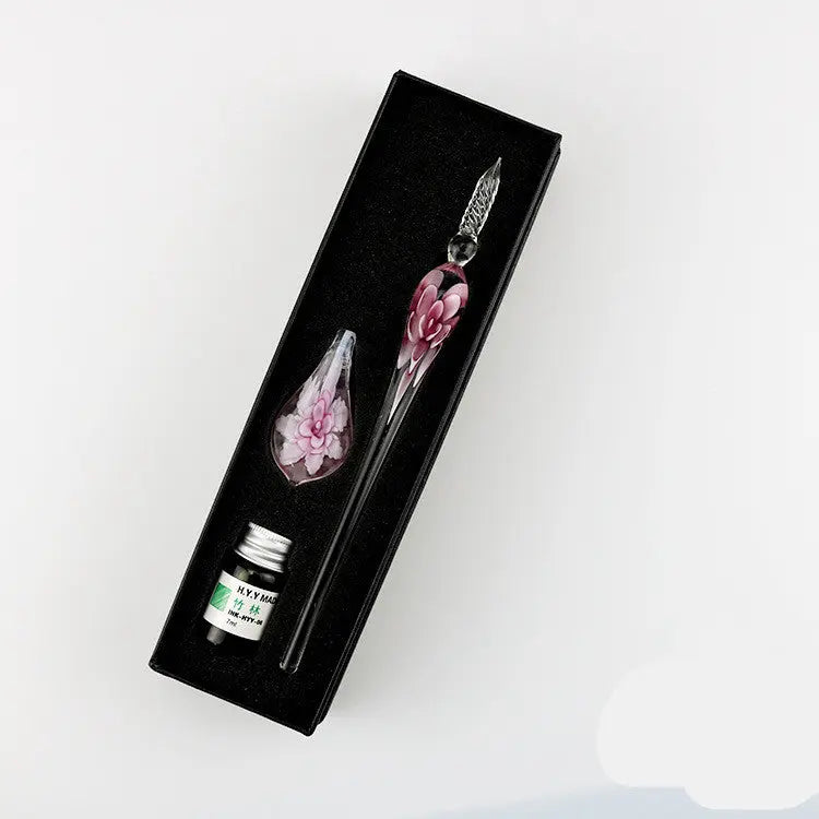 Elegant Crystal Flower Glass Dip Pen Set Magenta Charlie