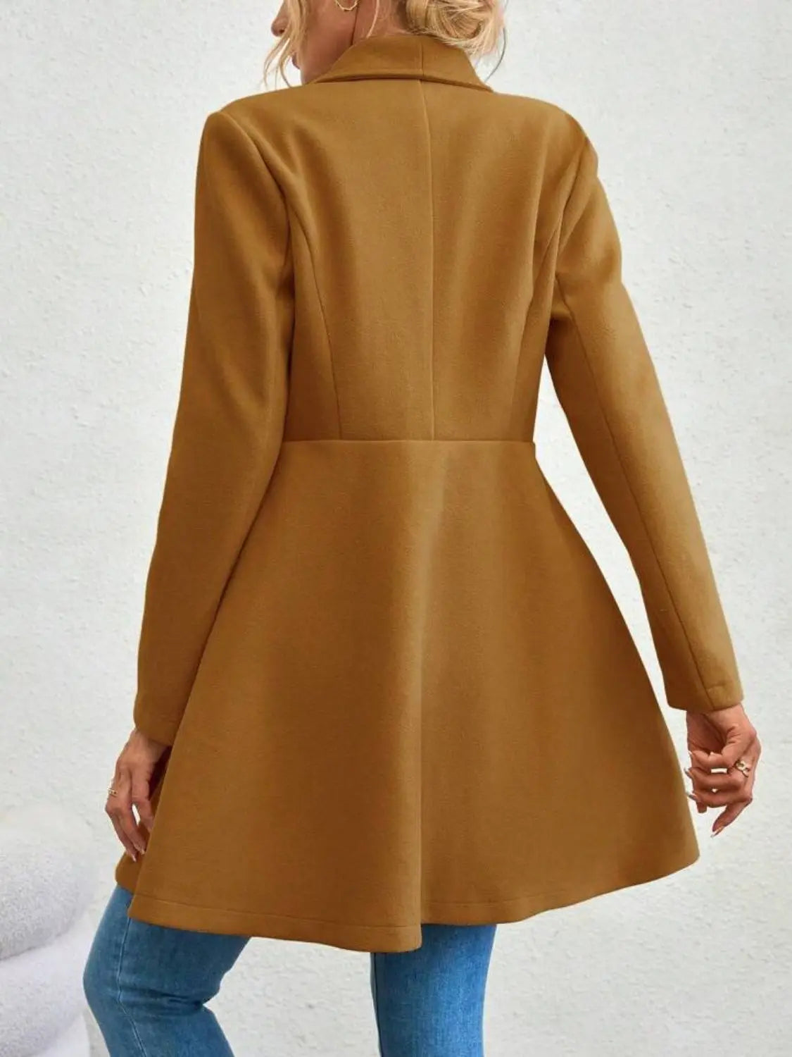 Collared Neck Button Up Long Sleeve Coat Trendsi