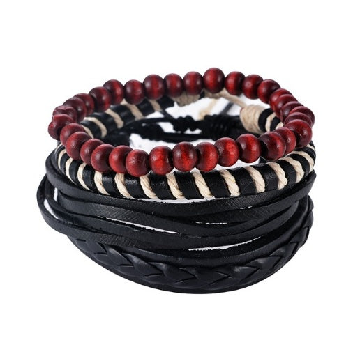 Leather Bracelet Men Multilayer Bead Bracelet Punk Wrap Bracelets for Women Vintage punk Men Jewelry Magenta Charlie