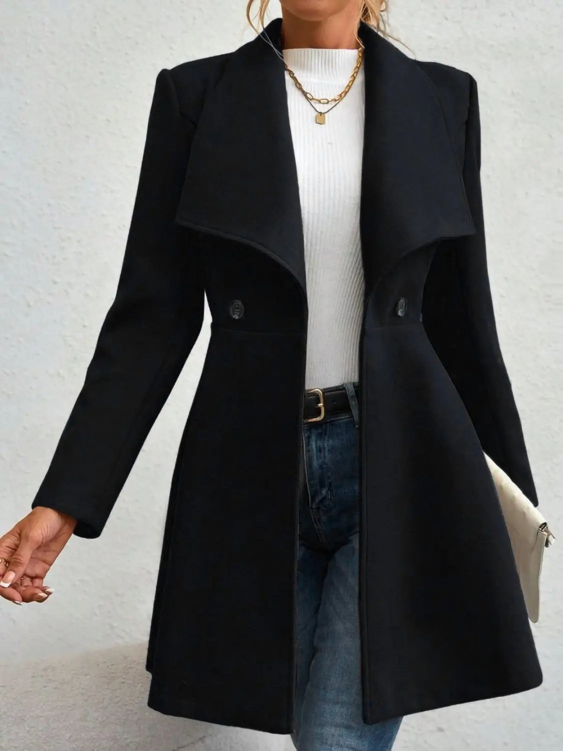 Collared Neck Button Up Long Sleeve Coat Trendsi