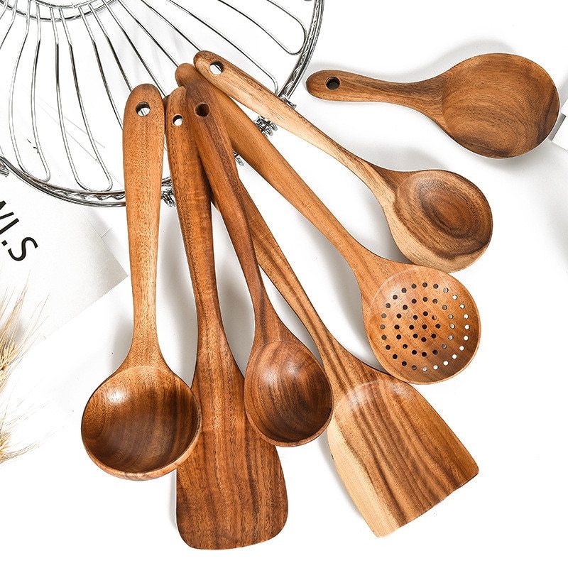 Teak Natural Wood Tableware Spoon Ladle Turner Rice Colander Soup Skimmer Cooking Tool Sets Spoon Scoop Kitchen Tools Gadgets Magenta Charlie