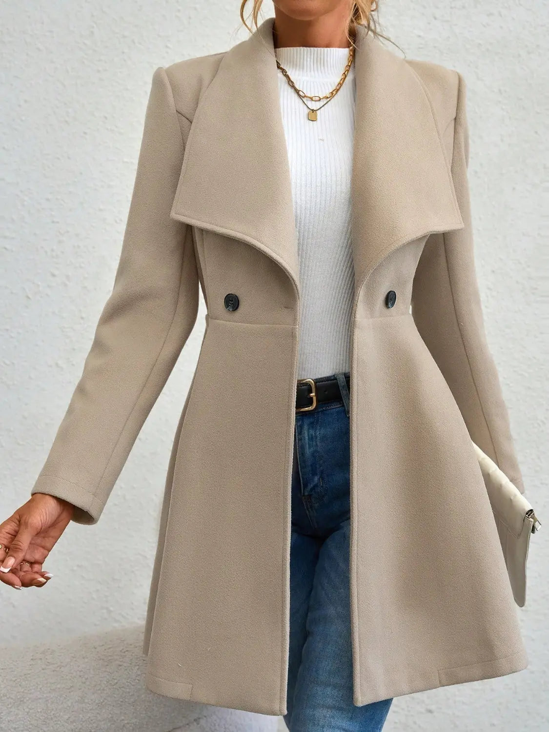 Collared Neck Button Up Long Sleeve Coat Trendsi