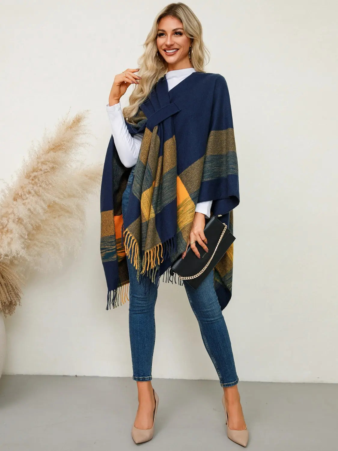 Fringe Contrast Plaid Poncho Trendsi