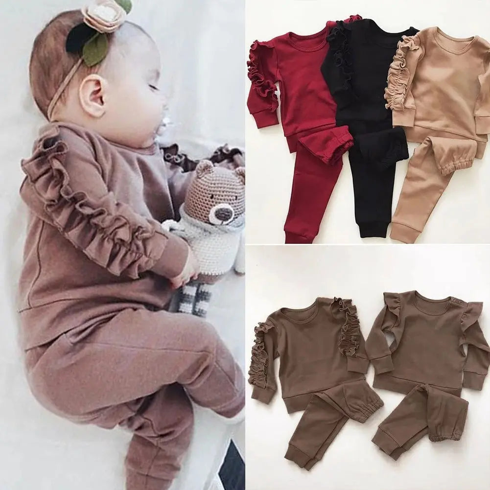 Newborn Baby Boys Girls Ruffles Jumper Solid Long Sleeve Sweatshirt Tops Pants Infant Kids 2Pcs Outfits Clothes Set Fall Clothes Magenta Charlie