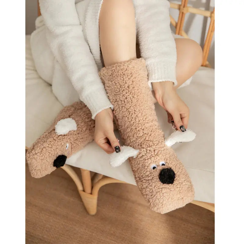 Cute Cartoon Dog Floor Socks Winter Warm Non-slip Plush Socks For Women The Zebra Effect