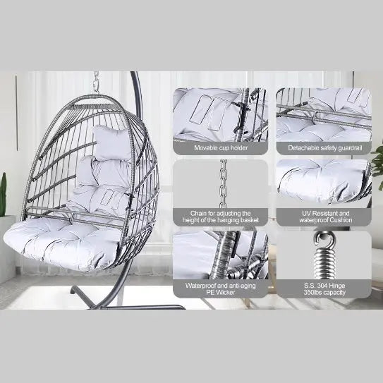 Swing Egg Chair With Stand Indoor And Outdoor Rattan Patio Basket Sling Chair With C-bracket, Patio Wicker Folding Sling Chair The Void