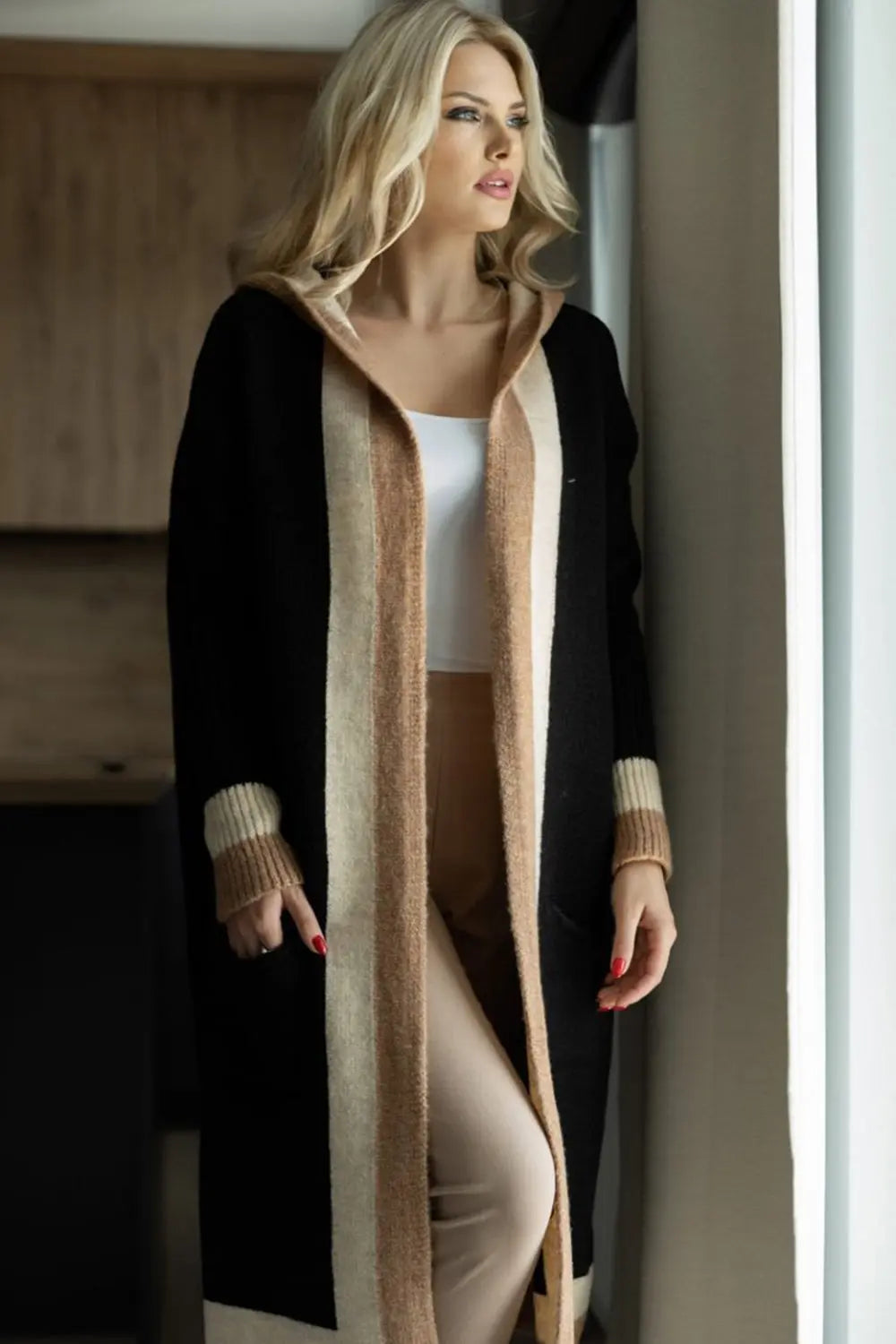 Pocketed Contrast Long Sleeve Hooded Cardigan Trendsi