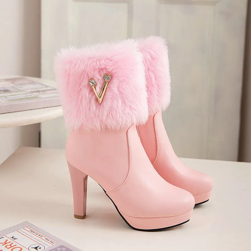 Autumn And Winter Short Boots Snow Female Buskin Female Boots Chunky Heel Booties Magenta Charlie