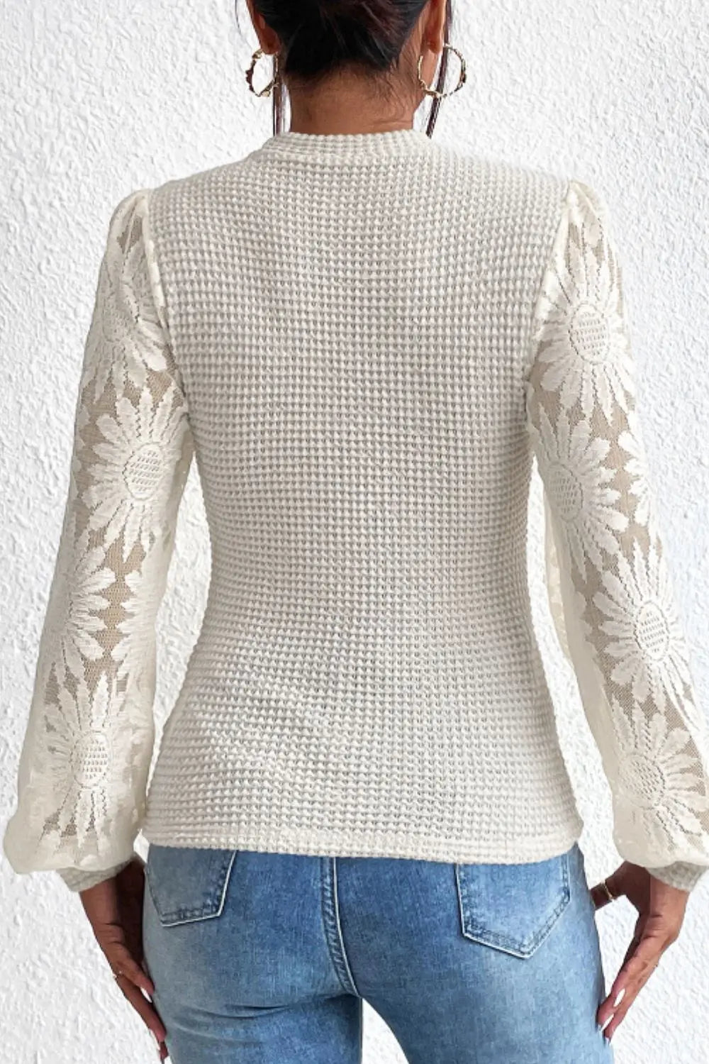 Mock Neck Lace Long Sleeve Top Trendsi