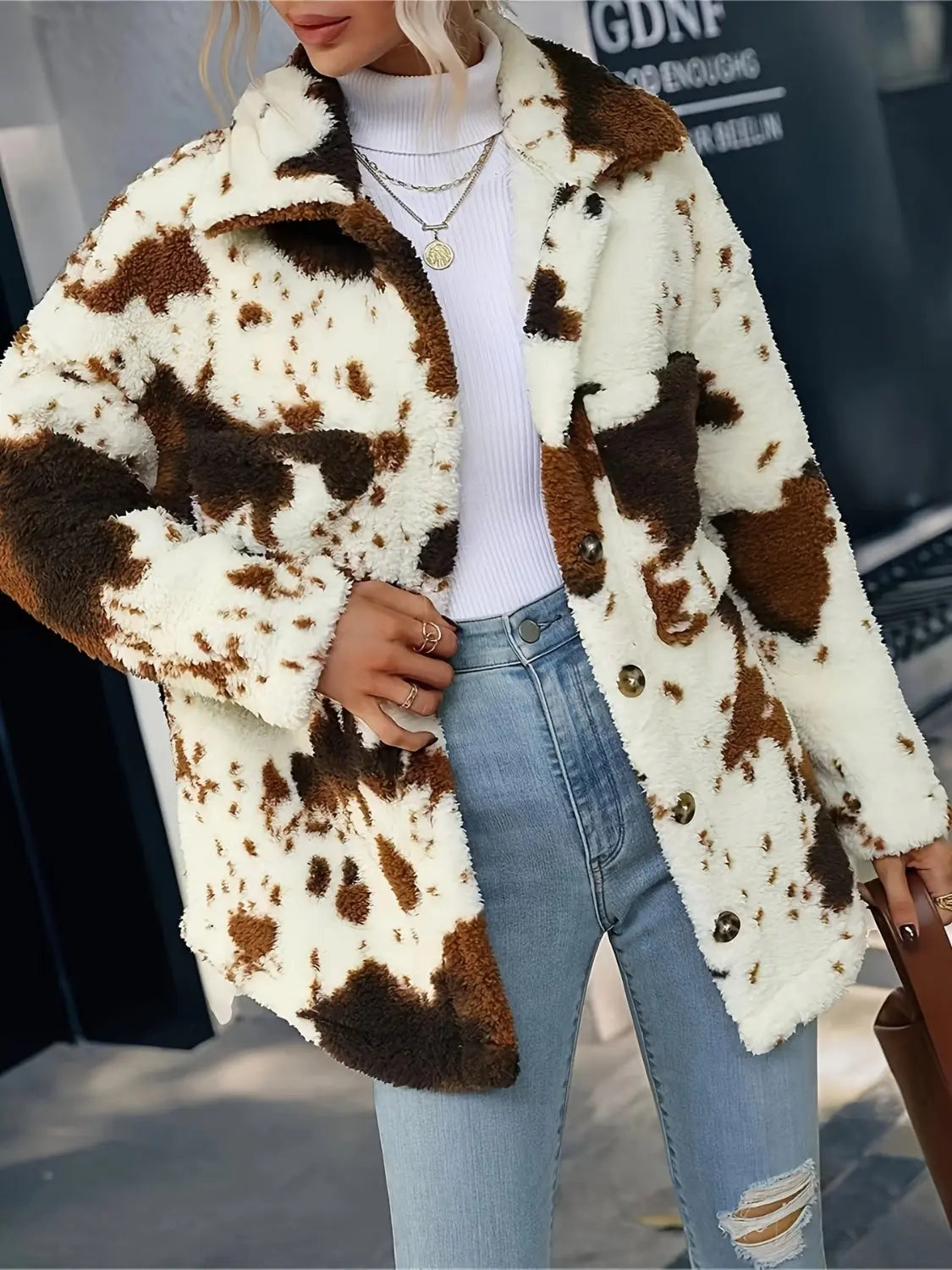 Cow Print Collared Neck Button Up Fuzzy Jacket Trendsi