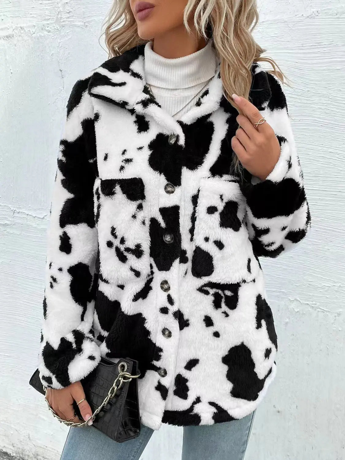 Cow Print Collared Neck Button Up Fuzzy Jacket Trendsi