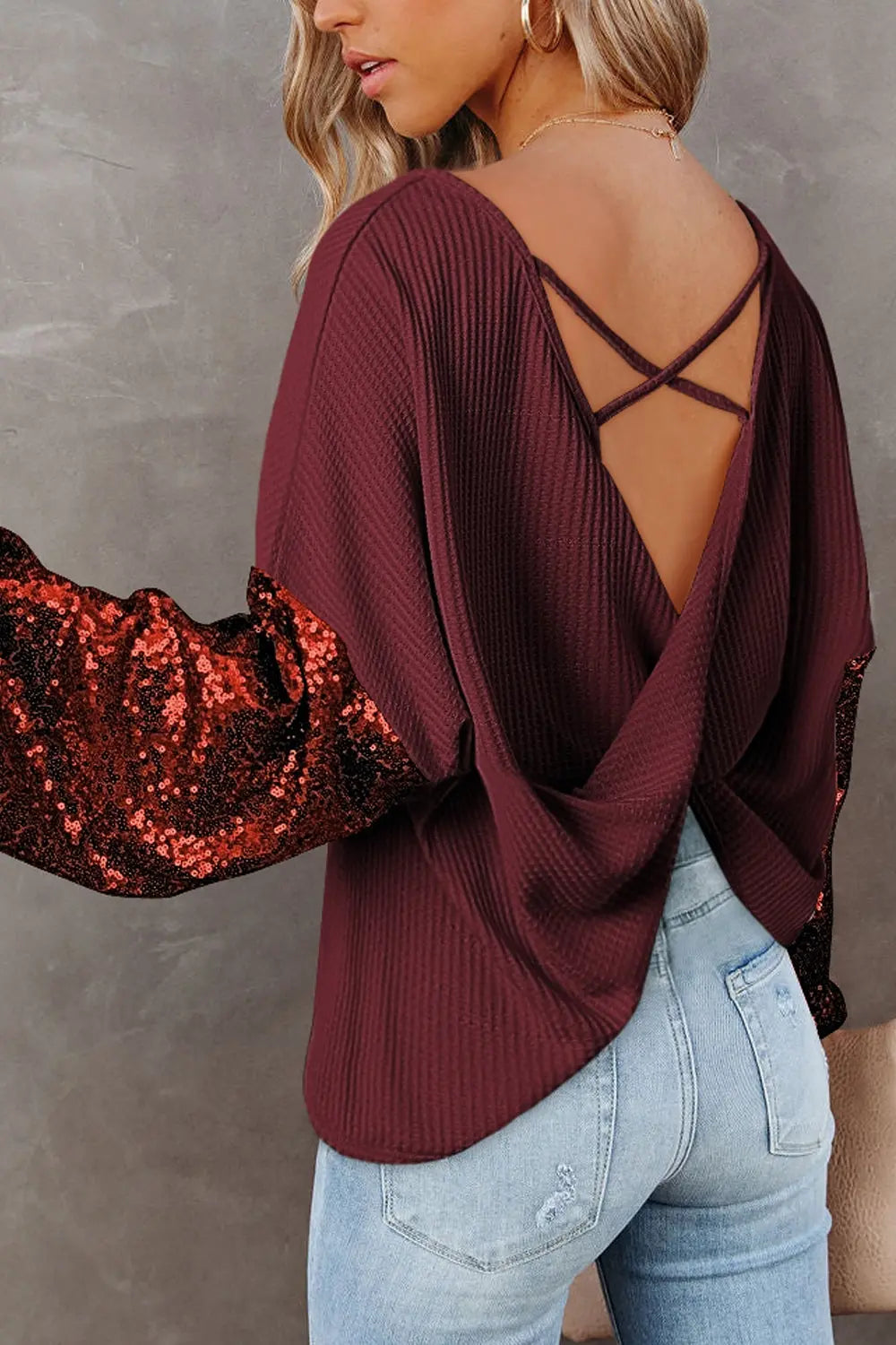 Sequin Crisscross Boat Neck Long Sleeve Blouse Trendsi