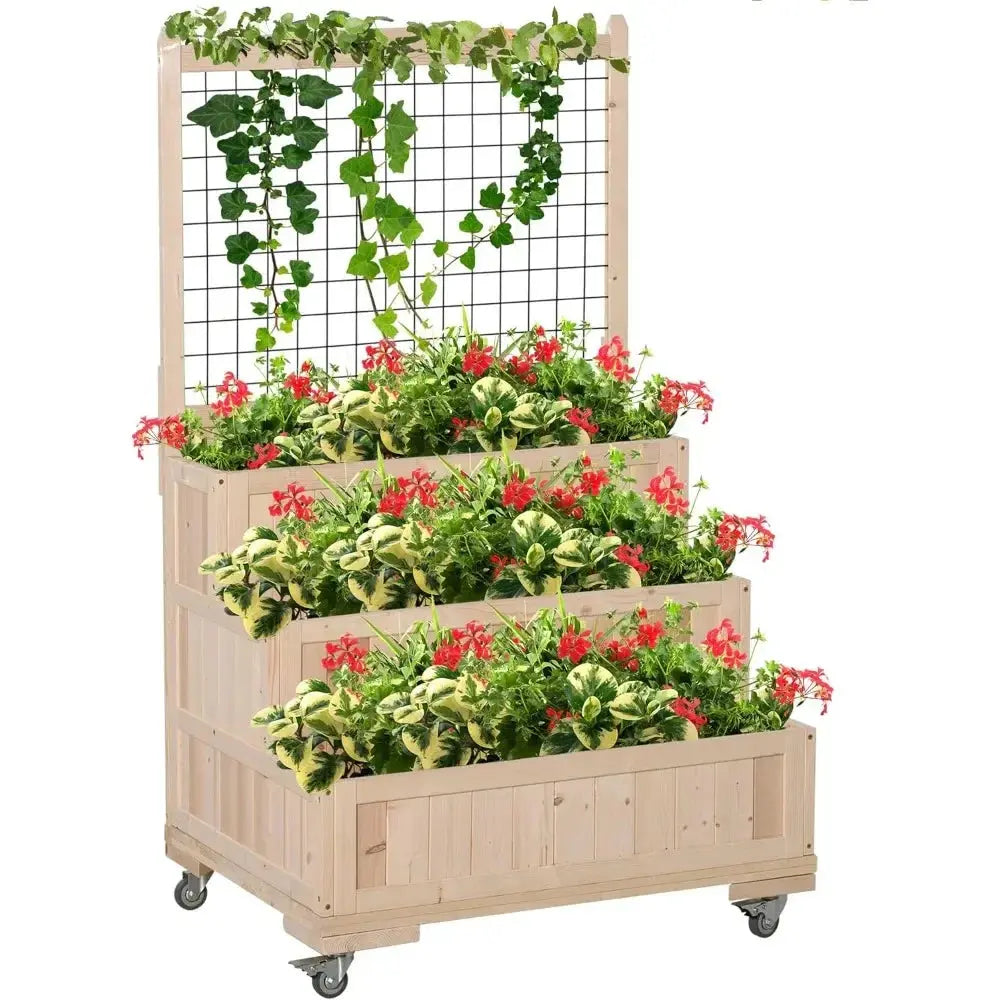 3-Tiers Raised Garden Bed with Trellis, 53" H Vertical Planter Box with Wheels & Back Storage Area, for Flowers, Vegeta The Zebra Effect