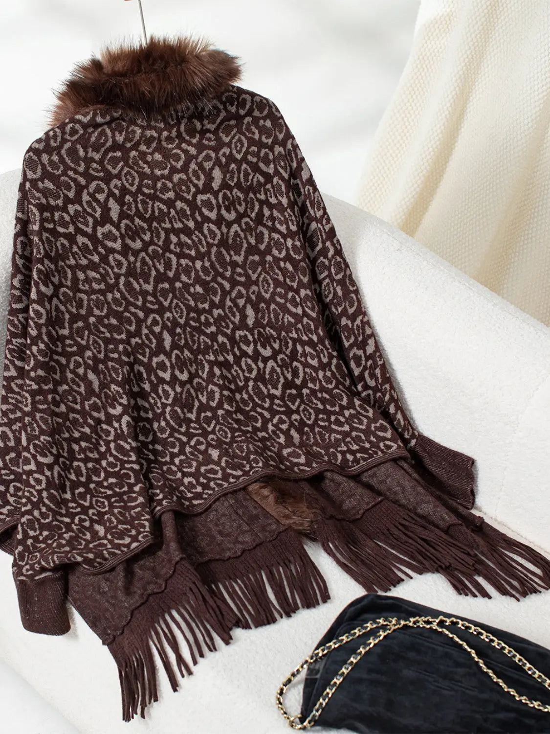 Fringe Leopard Open Front Long Sleeve Poncho Trendsi