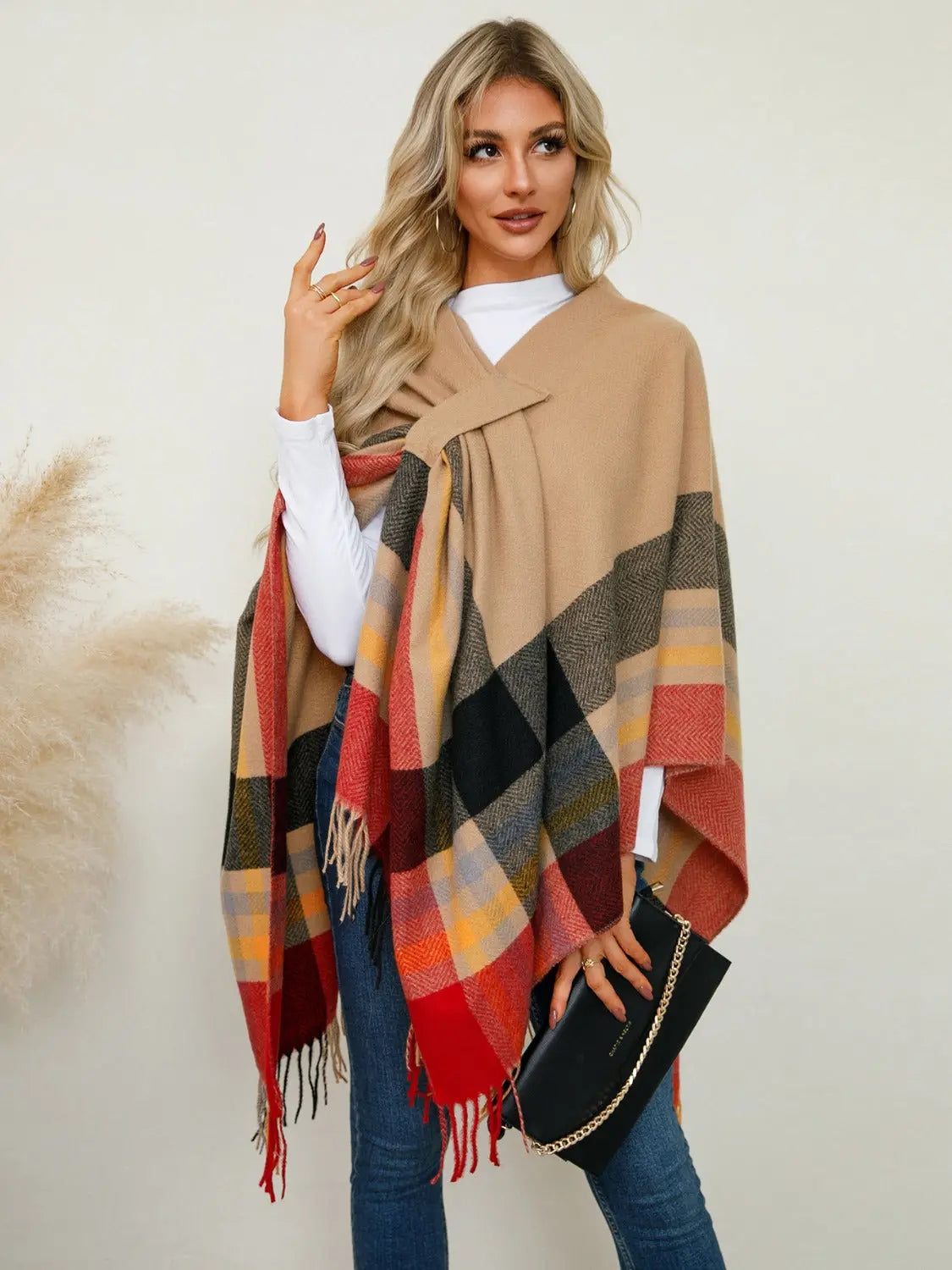 Fringe Contrast Plaid Poncho Trendsi