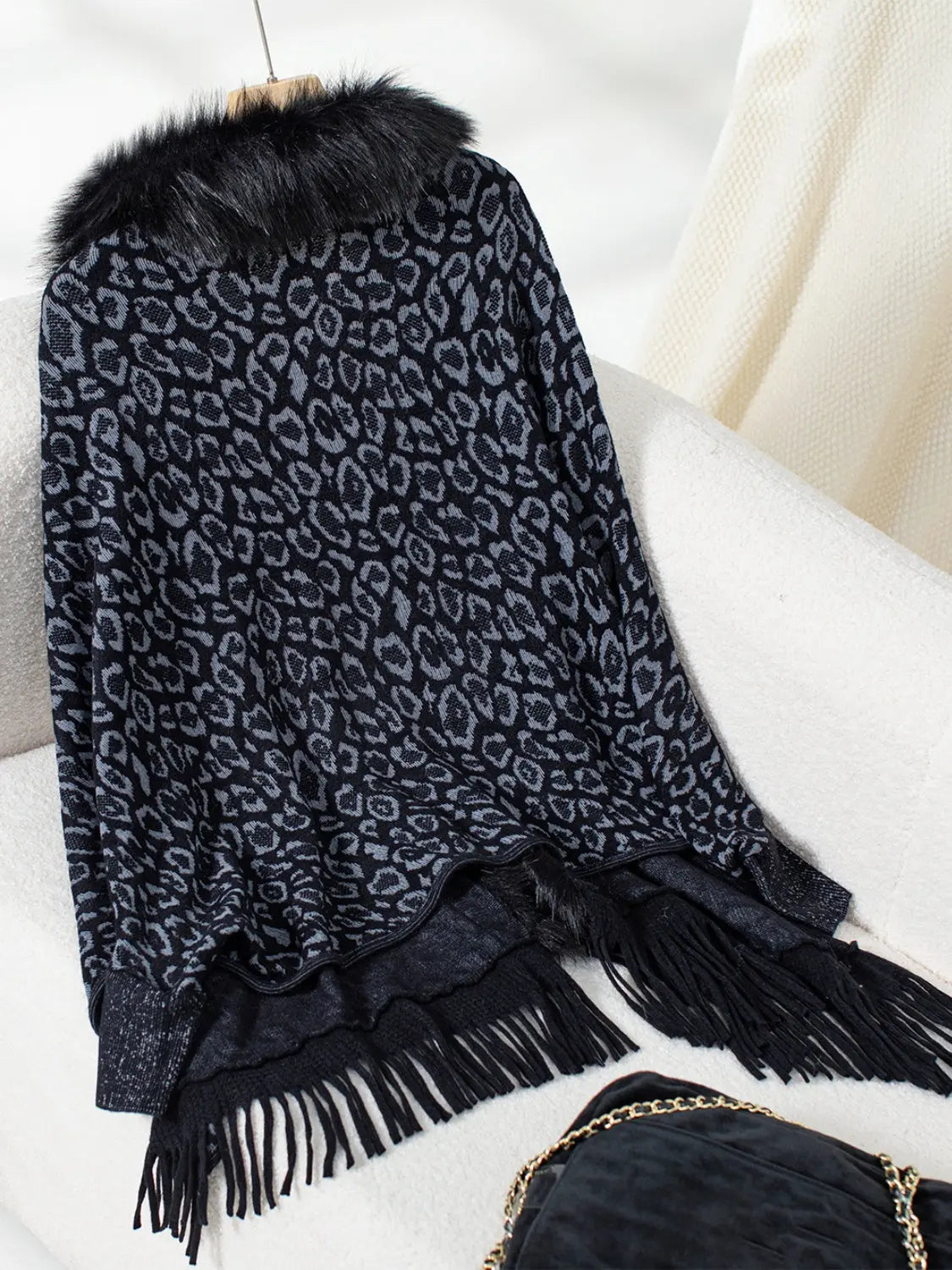 Fringe Leopard Open Front Long Sleeve Poncho Trendsi