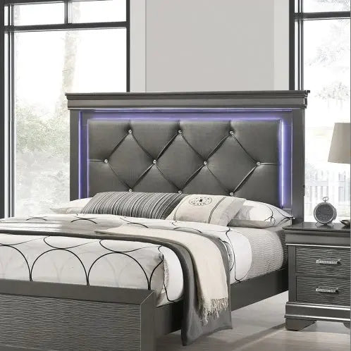 Dark Gray Faux Leather Tufted Headboard 1pc Queen Size Bed W LED Bedroom Furniture Gray Unique Texture FB Solid Wood Magenta Charlie