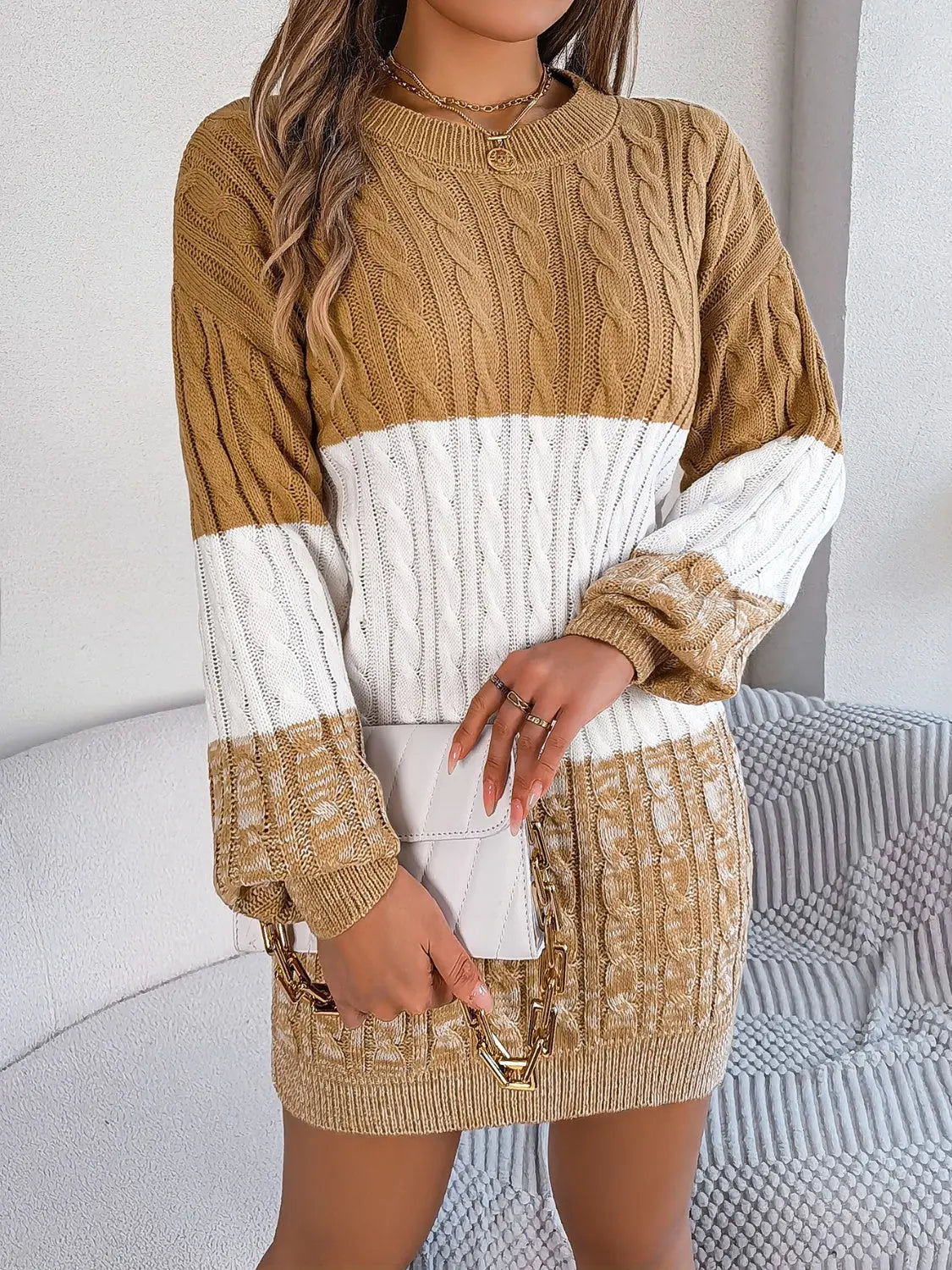 Cable-Knit Round Neck Color Block Sweater Dress Trendsi