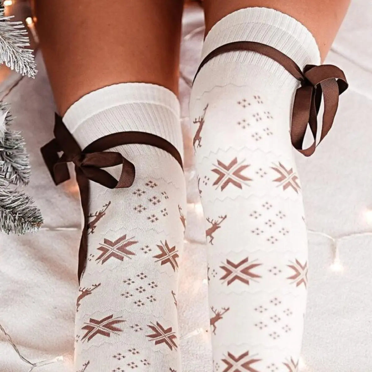 Christmas Element Bowknot Ribbed Trim Over Knee Stockings Trendsi