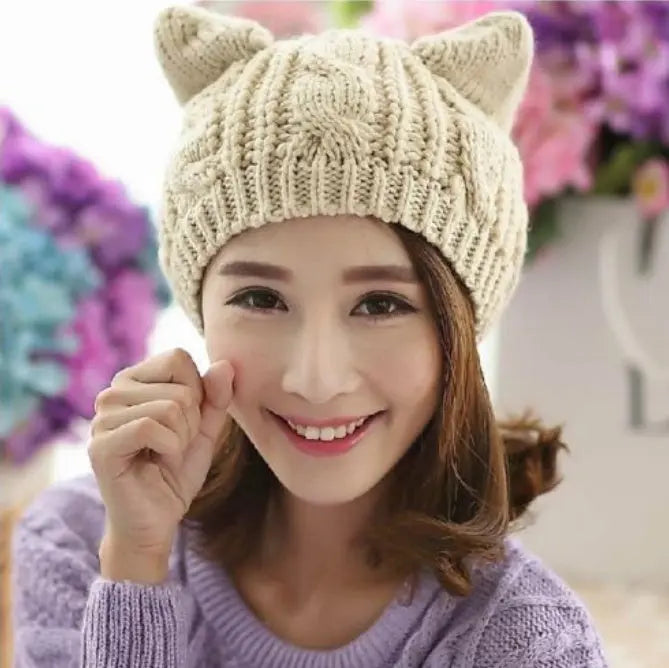 Hand Made 3D Cute Knitted Cat Ear Beanie For Winter Magenta Charlie