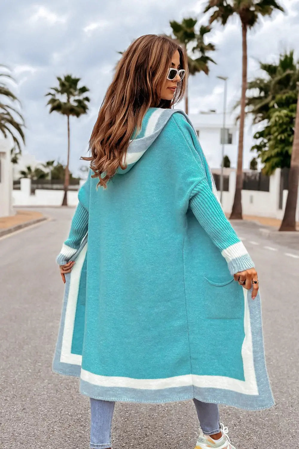 Pocketed Contrast Long Sleeve Hooded Cardigan Trendsi