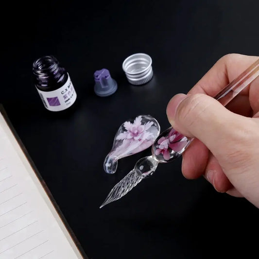 Elegant Crystal Flower Glass Dip Pen Set Magenta Charlie