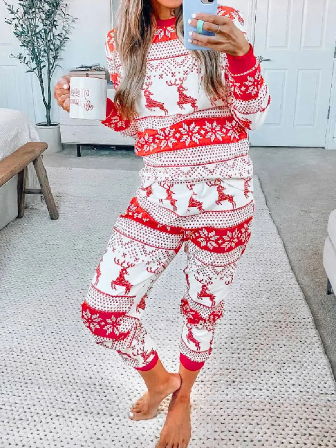 Full Size Christmas Element Round Neck Top and Pants Set Trendsi