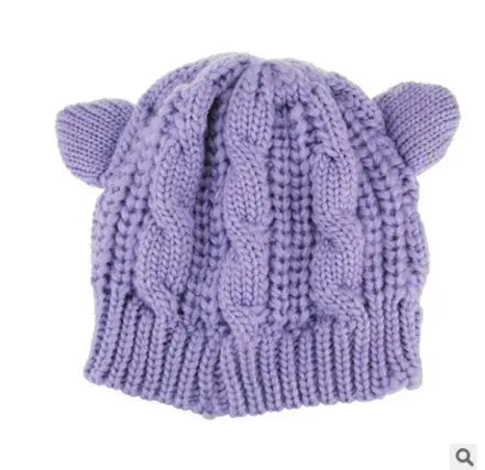 Hand Made 3D Cute Knitted Cat Ear Beanie For Winter Magenta Charlie