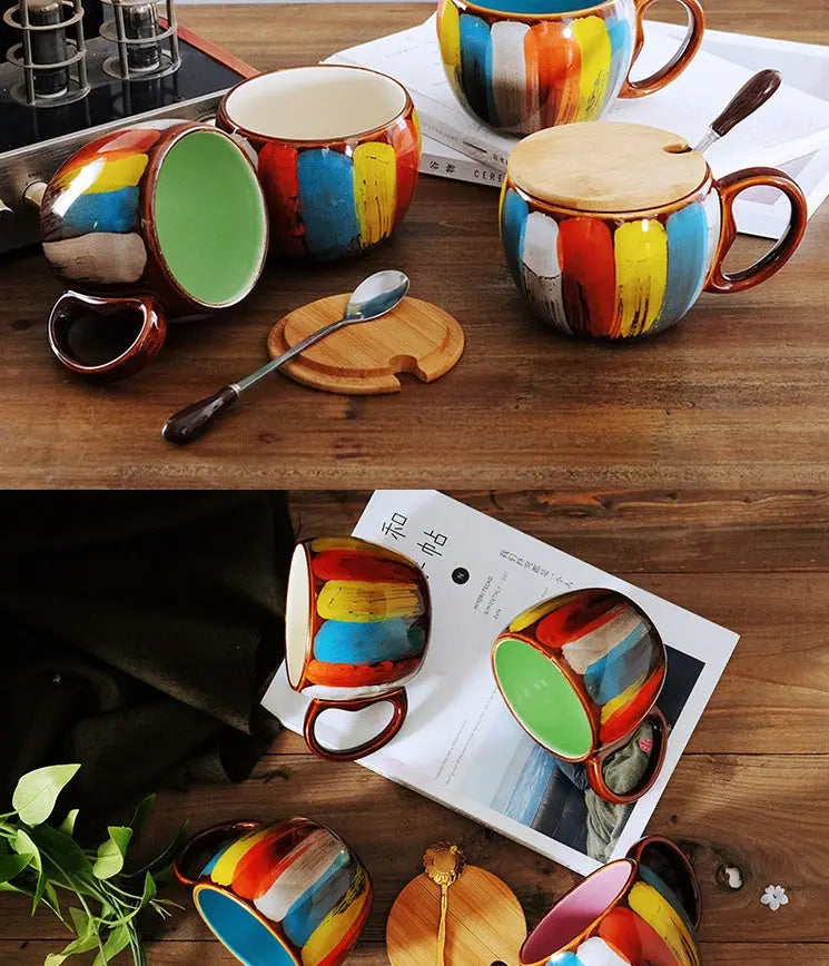 Creative ceramic cup milk cup water cup coffee cup breakfast cup couple cup to cup mug with lid spoon Magenta Charlie