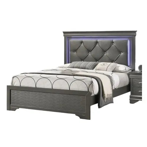 Dark Gray Faux Leather Tufted Headboard 1pc Queen Size Bed W LED Bedroom Furniture Gray Unique Texture FB Solid Wood Magenta Charlie