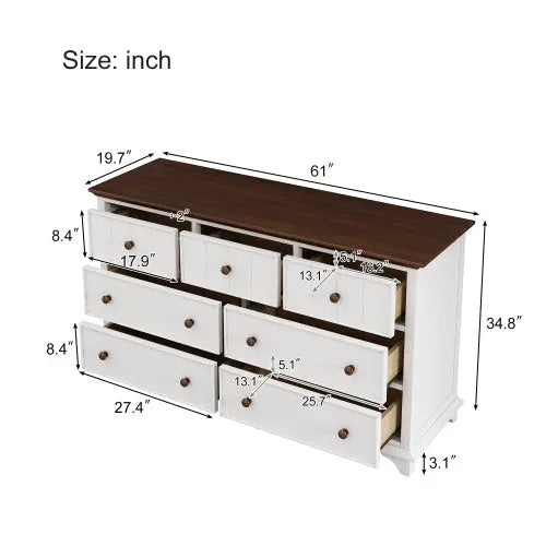 Wooden Captain Seven-Drawer Dresser For Bedroom, Living Room, Kids' Room, White Walnut The Zebra Effect