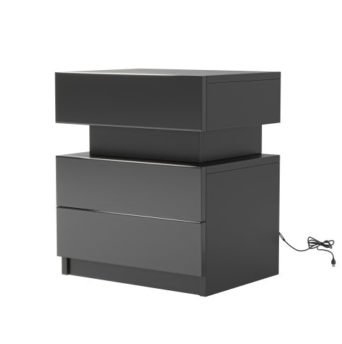 NEW LED Nightstand Modern Black Nightstand With Led Lights Wood Led Bedside Table Nightstand With 2 High Gloss Drawers For Bedroom Magenta Charlie