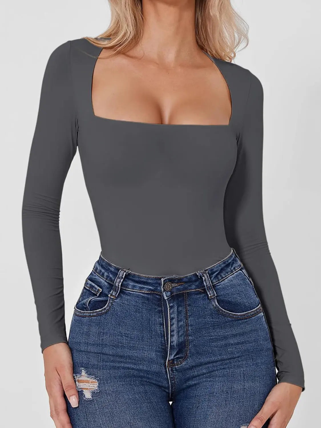 Square Neck Long Sleeve Bodysuit Trendsi