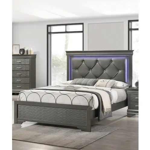 Dark Gray Faux Leather Tufted Headboard 1pc Queen Size Bed W LED Bedroom Furniture Gray Unique Texture FB Solid Wood Magenta Charlie