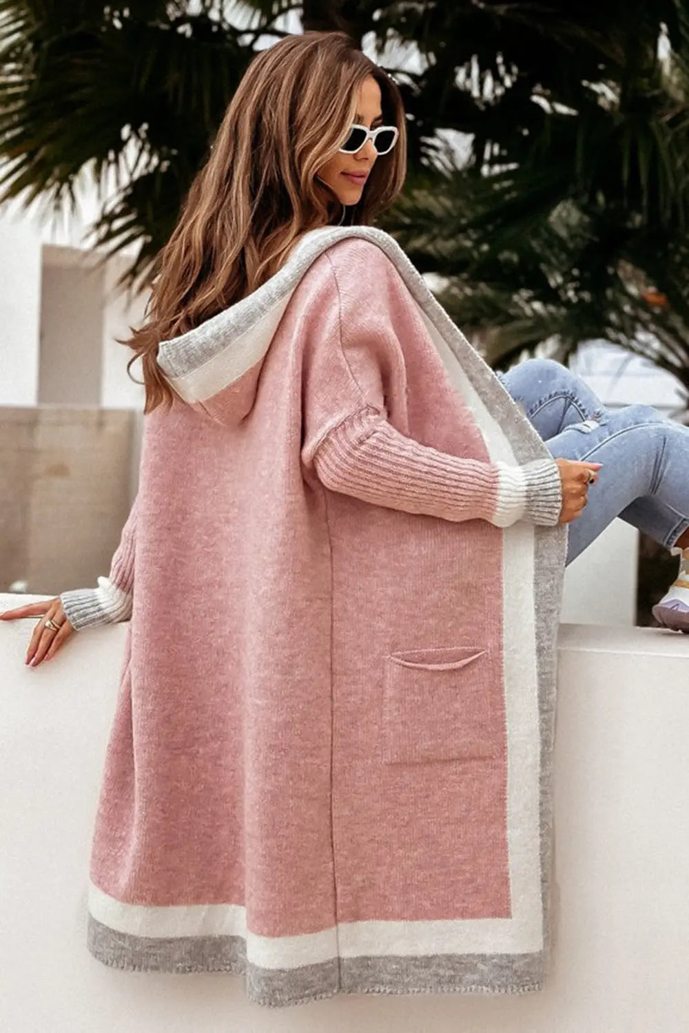 Pocketed Contrast Long Sleeve Hooded Cardigan Trendsi