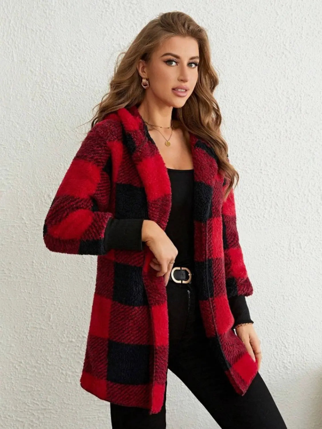 Plaid Long Sleeve Hooded Coat Trendsi