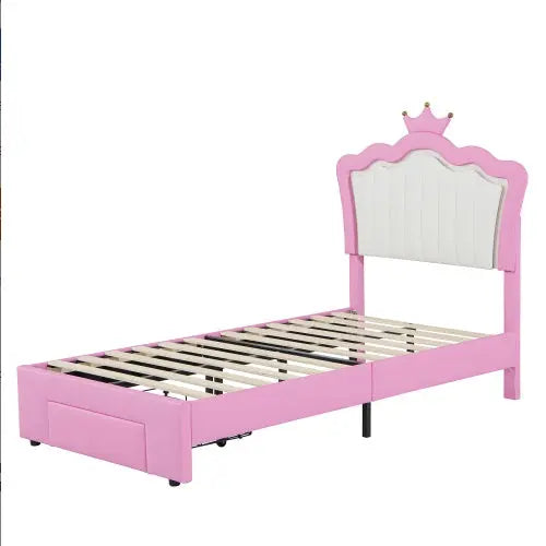 Twin Size Upholstered Bed Frame With LED Lights, Modern Upholstered Princess Bed With Crown Headboard, A Drawer Magenta Charlie