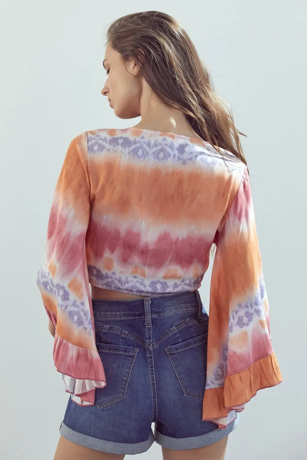 Bell-Sleeve Tie-Dye Crop Top with Flowy Sleeves Indigo Arrowwood