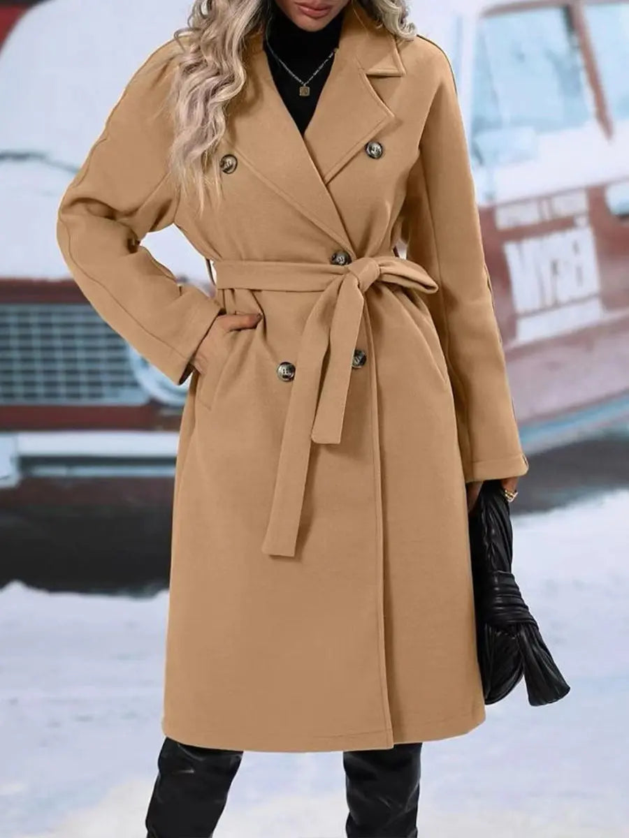 Lapel Double-breasted Trench Coat With Belt Winter Fashion Solid Color Long Jacket Outwear Women Clothing The Zebra Effect