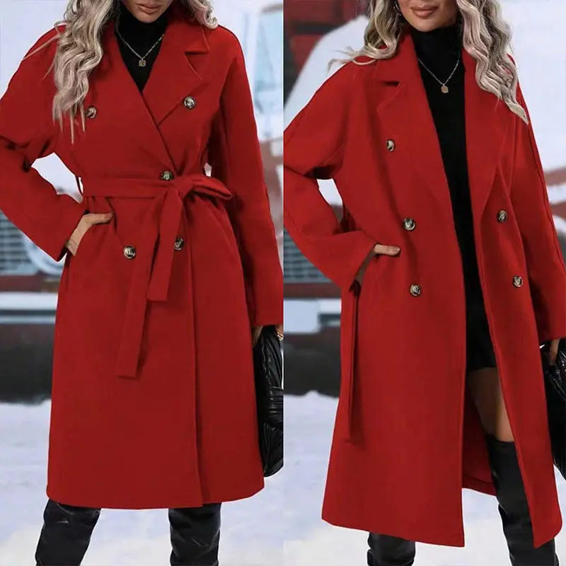 Lapel Double-breasted Trench Coat With Belt Winter Fashion Solid Color Long Jacket Outwear Women Clothing The Zebra Effect