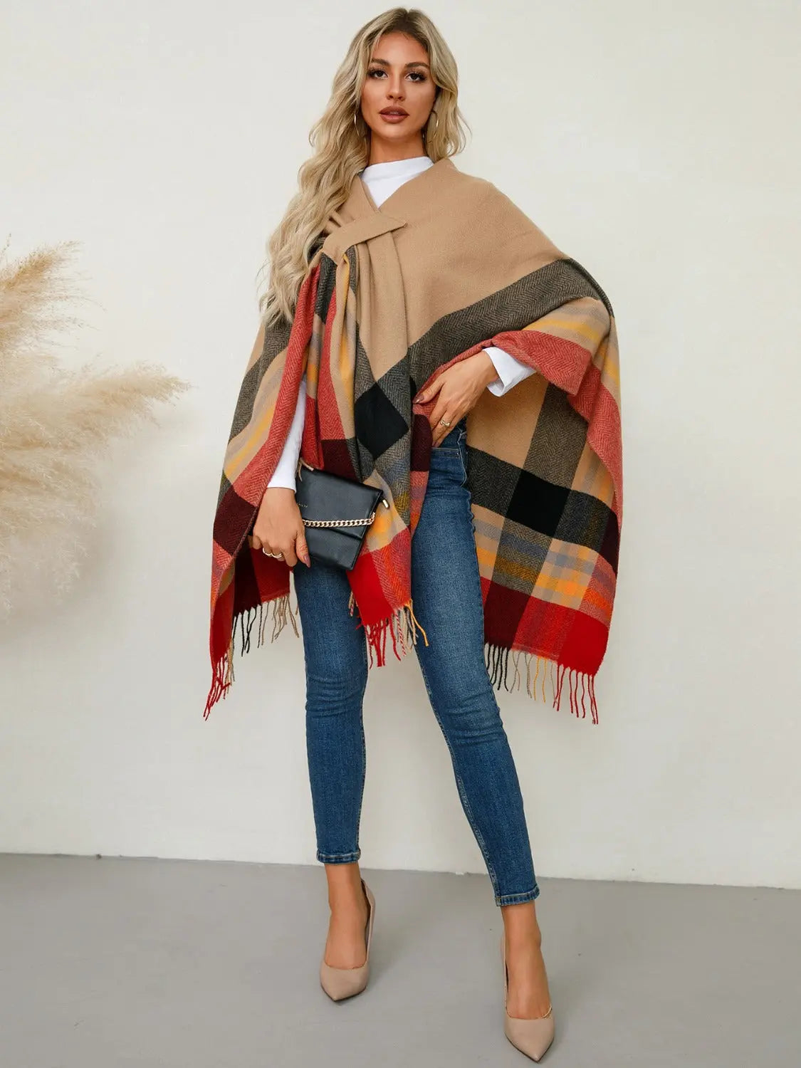 Fringe Contrast Plaid Poncho Trendsi